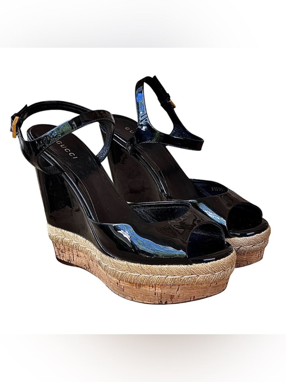 🌹GUCCI Black Patent Leather & Cork Platform Wedge Sandals🌹 - Picture 3 of 13